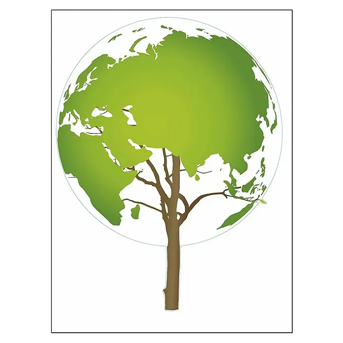 Vinilo de pared Árbol - 48 x 68 cm, Verde, Plástico - Ilustración de un árbol cuya copa representa el mapa mundial, para destacar la importancia de la protección ambiental y la sostenibilidad.