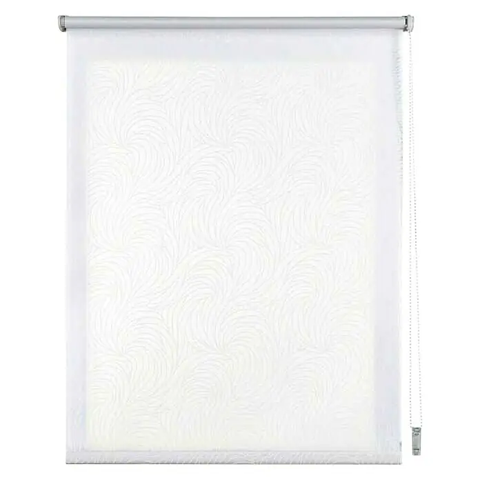 Estor enrollable Plantas - An x Al: 75 x 180 cm - La imagen muestra un estor enrollable blanco con una tela estampada sutil. El estor está completamente extendido contra un fondo negro.