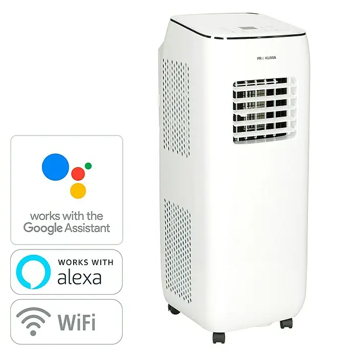 PR Klima Aire acondicionado portátil Purity 9000 - 2.600 W, Tamaño de la estancia: 26 m², Blanco/Plateado - Imagen de un aire acondicionado portátil PRO KLIMA compatible con Google Assistant, Alexa y WiFi, que ofrece un control cómodo.