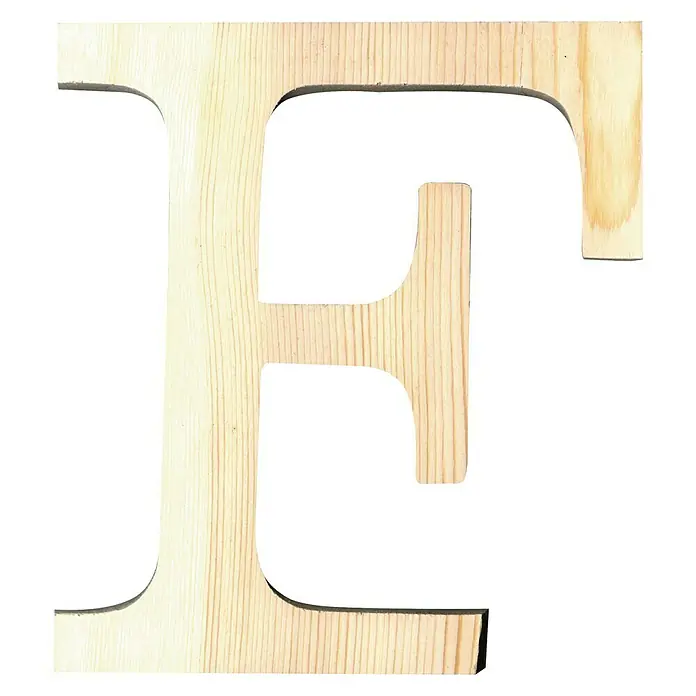 Artemio Letra de madera - Motivo: F, L x An x Al: 19 x 1 x 19 cm, Madera - Primer plano de una letra E de madera clara sin terminar, mostrando la veta natural y la textura de la madera.