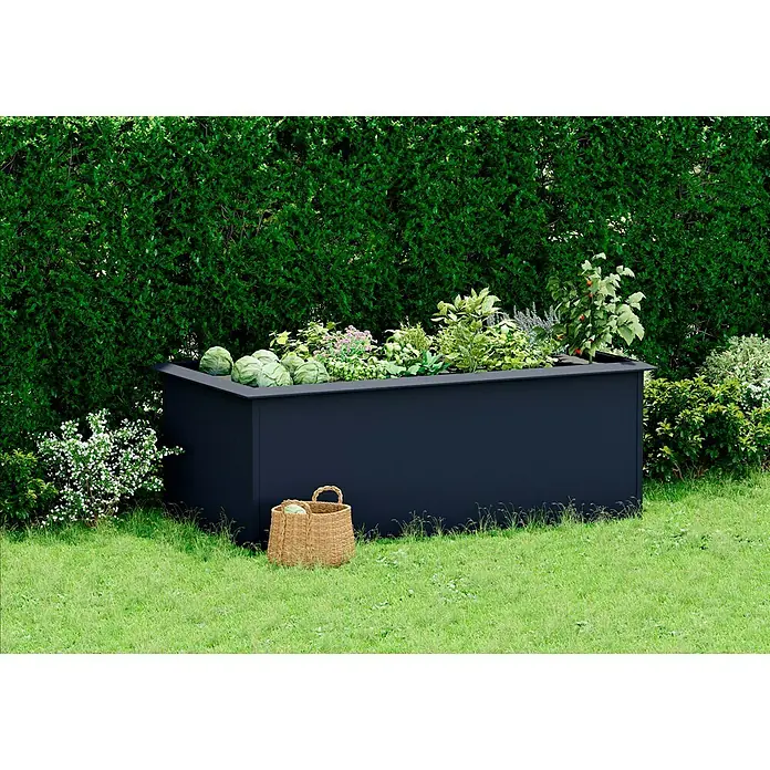 Gardol Hochbeet doppelwandig - 200 x 100 x 76 cm, Stahl, Anthrazit - Erhöhtes Gartenbeet aus dunkelgrauem Metall mit verschiedenen Pflanzen und einem Korb davor.