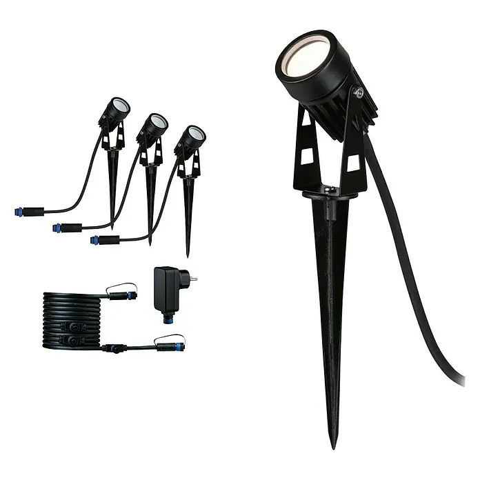 Paulmann Plug & Shine LED-Gartenspot-Set - 3 W, Erdspieß, Höhe: 26 cm - Drei LED-Gartenstrahler mit Erdspieß und Verbindungskabel sowie ein einzelner größerer Strahler mit langem Kabel für eine stimmungsvolle Beleuchtung.