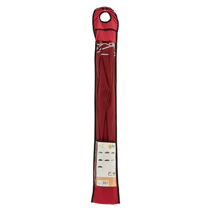 Sunfun Balkonschirm rund Provence II - Chili, Durchmesser Bespannung: 200 cm - Ein roter Sonnenschirm in einer passenden Tragetasche, ideal für Strandtage und Outdoor-Aktivitäten.