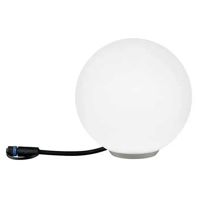 Paulmann Plug & Shine Lámpara LED decorativa Globo - 2,8 W, Blanco - Primer plano de una lámpara de exterior esférica blanca brillante con un cable negro resistente, ideal para jardines y patios.