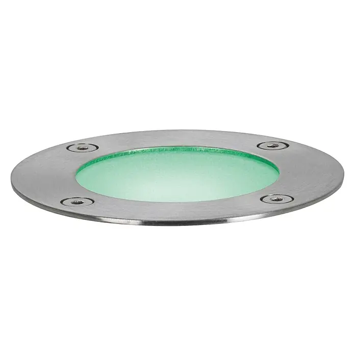 Paulmann Plug & Shine Foco para empotrar en suelo - 3,6 W, Plata, Ø x Al: 9,6 x 9,2 cm - Luminaria empotrable con cubierta redonda de acero inoxidable y luz verde, ideal para senderos de jardín y terrazas. Durable y resistente a la intemperie.