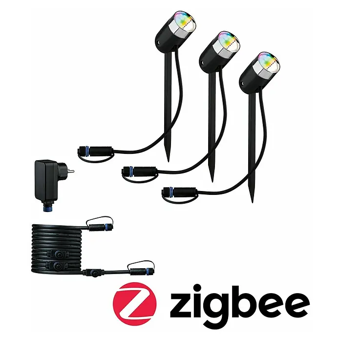 Paulmann Plug & Shine Basis-Set LED-Gartenstrahler Pike Smart Home Zigbee 3.0 - Anthrazit, Ø x H: 5 x 22,5 cm, 4,5 W, Per App steuerbar, IP44, 3 Stk. - Zigbee Gartenstrahler-Set: Drei RGB-LED-Leuchten mit Erdspieß, Netzteil und Kabel für stimmungsvolle Außenbeleuchtung.