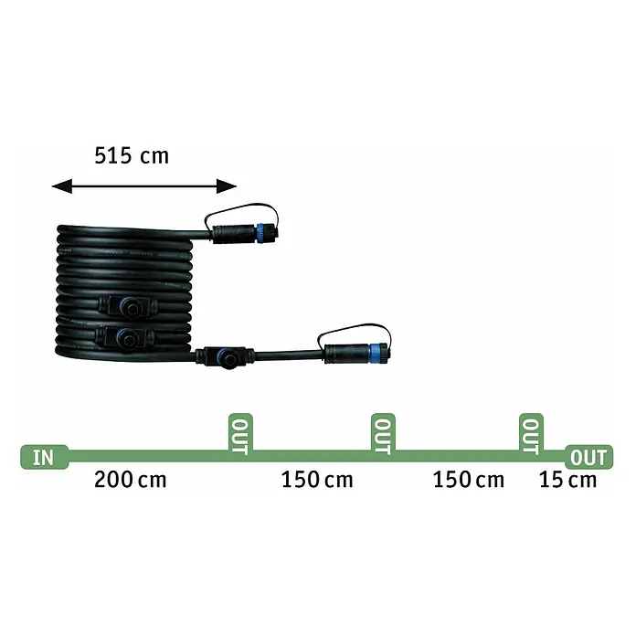 Paulmann Plug & Shine LED-Gartenspot-Set Sting Erweiterung - 6 W, Anthrazit, 24 V, 3 Stk., Ø x H: 5,2 x 29 cm - Abbildung eines schwarzen Kabels mit Anschlüssen und Längenangaben, das die Installation eines LED-Beleuchtungssystems darstellt.