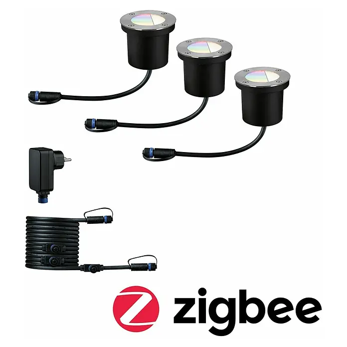 Paulmann Plug & Shine Basis-Set LED-Bodeneinbauleuchte Smart Home Zigbee - 3,6 W, Silber, Ø x H: 9,8 x 9,2 cm, Per App steuerbar, IP65 - Bild von drei Bodeneinbaustrahlern mit Zigbee-Logo, Netzteil und Kabel. Die Spots sind schwarz mit Chromrand.