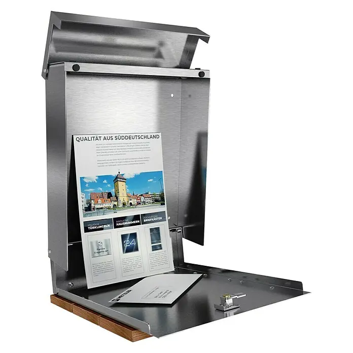 Metzler Wandbriefkasten Masiva - L x B x H: 11,2 x 33 x 35 cm, Braun/Silber, Edelstahl - Bild eines Edelstahl-Briefkastens mit Klappe. Er wird mit verschiedenen Produktinformationen präsentiert.