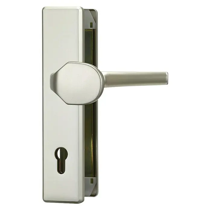 Abus Schutzbeschlag HLT612 - Hauseingangstür, Neusilber, Knopf außen, Drücker innen, Stärke Tür: 52 mm - 72 mm - Nahaufnahme eines Türgriffs aus gebürstetem Nickel mit einem Schlüsselloch unten.