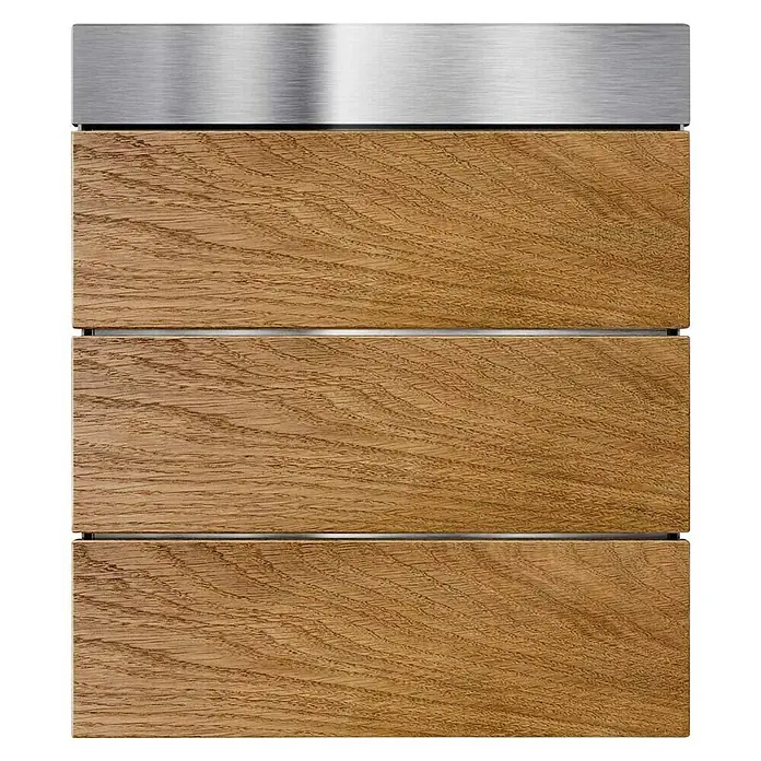 Metzler Wandbriefkasten Masiva - L x B x H: 11,2 x 33 x 35 cm, Braun/Silber, Edelstahl - Detailaufnahme einer modernen Küchenfront mit Holzstruktur und Edelstahlelementen, die ein elegantes und hochwertiges Design zeigt.