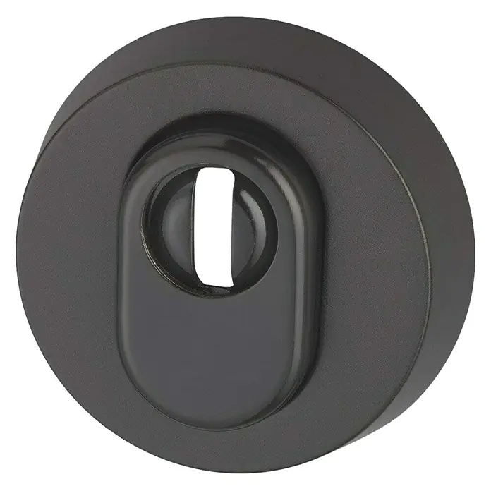 Abus Sicherheitsrosette RHZS 415 - Holztür, Braun, Stärke Schild/ Rosette: 15 mm - Nahaufnahme einer mattschwarzen Schlüsselrosette für Zimmertüren mit Schlüsselloch.