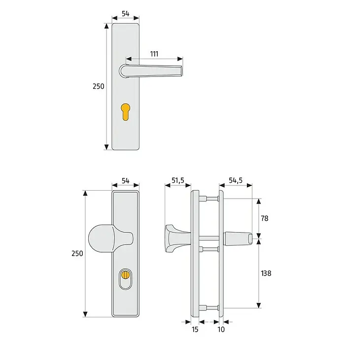 Abus Schutzbeschlag HLZS814 - Hauseingangstür, Aluminium, Drücker beidseitig, Stärke Tür: 52 mm - 72 mm - Technische Zeichnung eines Türgriffs mit Maßangaben für Montage und Design.