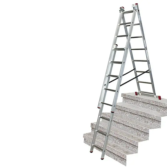 Krause Corda Mehrzweckleiter - Anzahl Tritte: 24 Stk., Arbeitshöhe: 5,4 m, Belastbarkeit: 150 kg, Aluminium, Treppengängig - Silberne Klappleiter auf Treppenstufen, ideal für Renovierungsarbeiten.