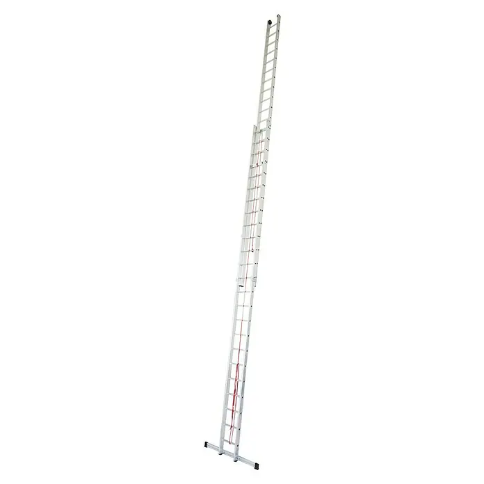 Krause Stabilo Seilzugleiter - Anzahl Tritte: 28 Stk., Arbeitshöhe: 13,1 m, Aluminium - Eine lange, ausziehbare Aluminiumleiter, die sich ideal für Arbeiten in großer Höhe eignet und mit einer roten Zugschnur versehen ist.