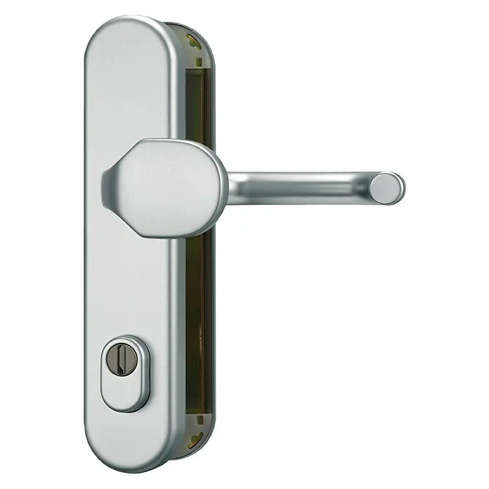 Abus Schutzbeschlag HLZS814 - Hauseingangstür, Aluminium, Knopf außen, Drücker innen, Form Schild: Abgerundet, Stärke Tür: 52 mm - 72 mm - Silberner Türgriff mit Schlüsselzylinder für eine moderne Tür.
