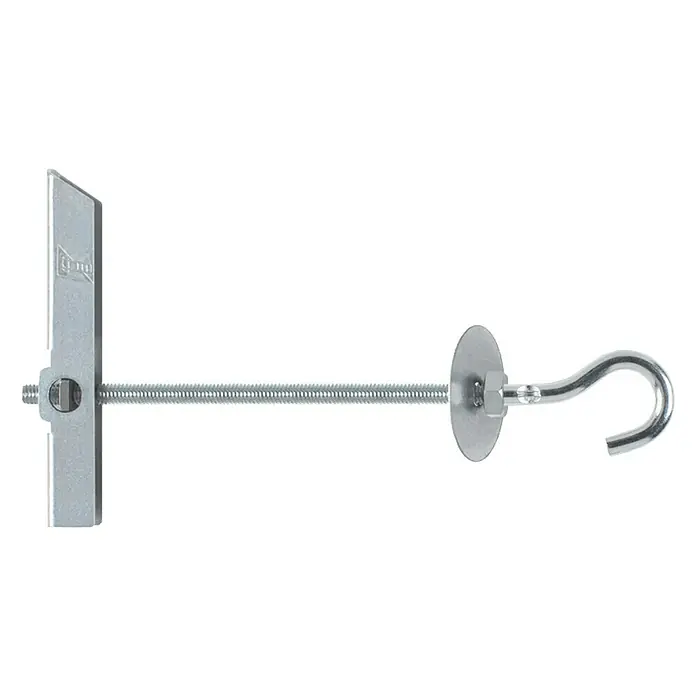 Index Taco basculante BZBAGAM05 con gancho - Diámetro taco: 14 mm, 2 ud., Apto para: Placas de yeso laminado - La imagen muestra un perno de palanca con gancho, un elemento de fijación para paredes huecas, perfecto para colgar objetos ligeros en paredes y techos.
