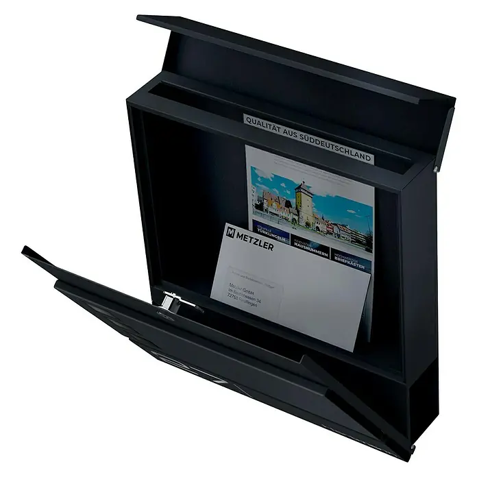 Metzler Wandbriefkasten Oltmann - L x B x H: 10,5 x 37 x 37 cm, Anthrazit, Edelstahl, Zeitungsfach - Offener Briefkasten aus Metall mit Werbung und Brief.