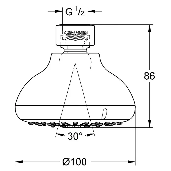 Grohe Tempesta 100 Kopfbrause - Durchmesser: 10 cm, 9,5 l/min, Chrom - Technische Zeichnung eines Grohe Duschkopfs mit Maßangaben zu Durchmesser, Höhe und Gewindegröße.