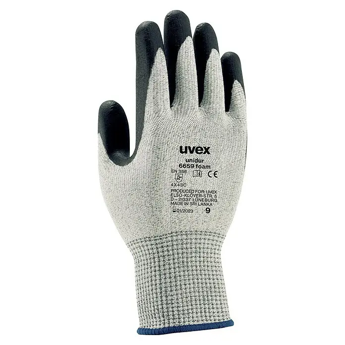 Uvex Arbeitshandschuhe Unidur 6659 Foam - Grau, 8 - Ein Uvex Unidur 6659 Foam Arbeitshandschuh, ideal für Präzisionsarbeiten. Bietet Komfort und Schutz bei verschiedenen Tätigkeiten.
