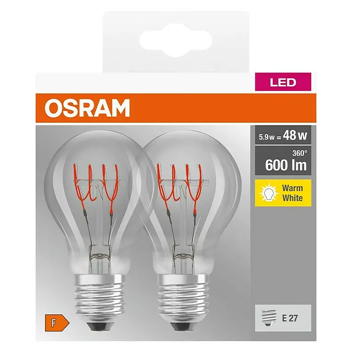 Osram LED-Lampen Set Glühlampenform E27 klar - E27, Nicht Dimmbar, Warmweiß, 600 lm, 5,9 W, Farbe: Klar - Eine OSRAM LED-Glühbirne im Vintage-Stil, die warmweißes Licht liefert und mit ihrer E27-Fassung einfach zu installieren ist.