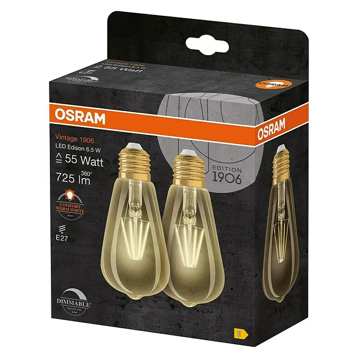 Osram LED-Lampen Set Vintage Edition 1906 Birnenform E27 2er Set - E27, Dimmbar, Warmweiß, 725 lm, 6,5 W - Verpackung der Osram Vintage 1906 LED Edison Lampe mit 6,5 W, die eine Lichtleistung von 55 Watt und 725 Lumen bietet.