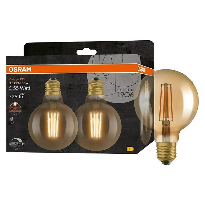 Osram LED-Lampen Set Vintage Edition 1906 Globe-Form E27 2er Set - E27, Dimmbar, Warmweiß, 725 lm, 6,5 W - Abbildung einer Osram Vintage 1906 LED-Globuslampe mit 6,5 W und 55 Watt, die warmweißes Licht erzeugt und dimmbar ist.