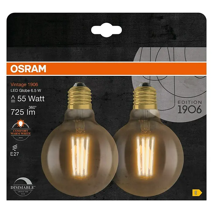 Osram LED-Lampen Set Vintage Edition 1906 Globe-Form E27 2er Set - E27, Dimmbar, Warmweiß, 725 lm, 6,5 W - Packung mit zwei Osram Vintage 1906 LED-Globuslampen, 6,5 W, warmweiß, dimmbar, für stimmungsvolle Beleuchtung.