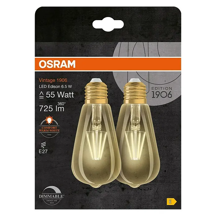 Osram LED-Lampen Set Vintage Edition 1906 Birnenform E27 2er Set - E27, Dimmbar, Warmweiß, 725 lm, 6,5 W - Verpackung von zwei dimmbaren Osram Vintage 1906 LED Edison Glühbirnen, 6.5 W, mit warmweißem Licht für komfortable Beleuchtung.