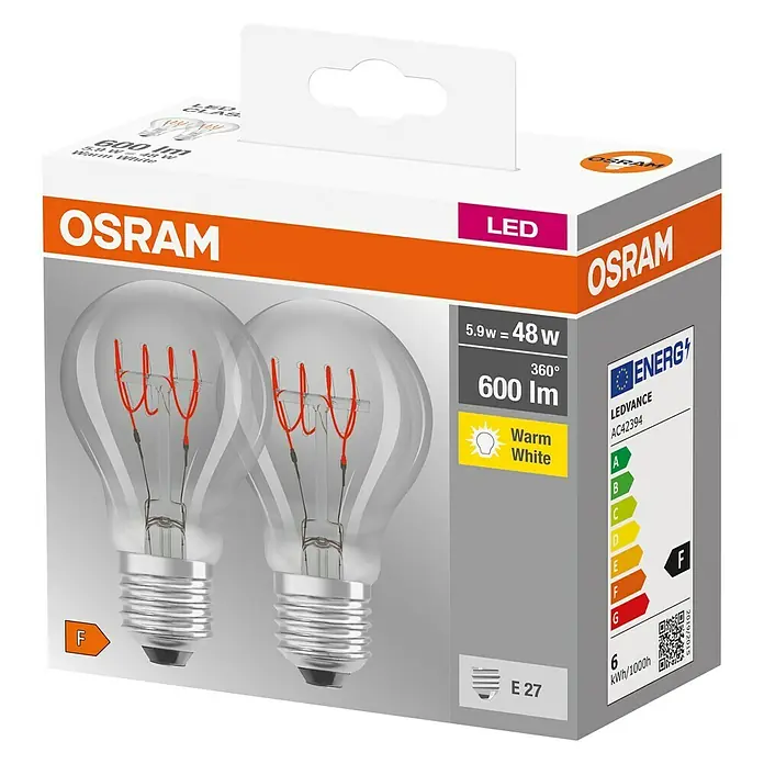 Osram LED-Lampen Set Glühlampenform E27 klar - E27, Nicht Dimmbar, Warmweiß, 600 lm, 5,9 W, Farbe: Klar - Verpackung mit zwei LED-Glühbirnen von Osram, die warmweißes Licht erzeugen und eine Leistung von 5,9 W haben.