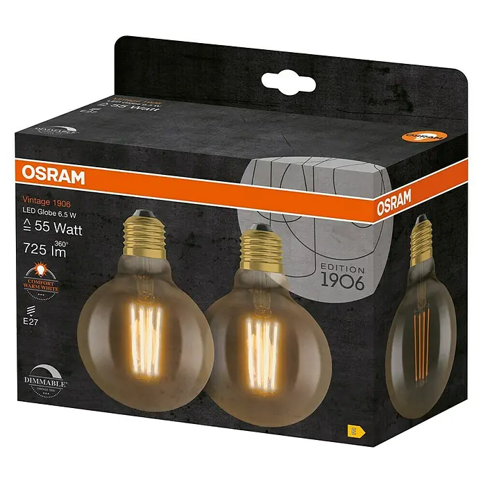 Osram LED-Lampen Set Vintage Edition 1906 Globe-Form E27 2er Set - E27, Dimmbar, Warmweiß, 725 lm, 6,5 W - Die Osram Vintage 1906 LED Globe Lampe mit 6,5 W und 55 Watt Äquivalent, dimmbar und mit warmweißem Licht für eine gemütliche Atmosphäre.