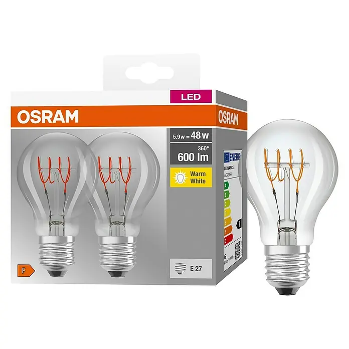 Osram LED-Lampen Set Glühlampenform E27 klar - E27, Nicht Dimmbar, Warmweiß, 600 lm, 5,9 W, Farbe: Klar - Ein Osram LED-Leuchtmittel im Retro-Look, verpackt und einzeln, mit 600 Lumen und warmweißem Licht für eine gemütliche Atmosphäre.