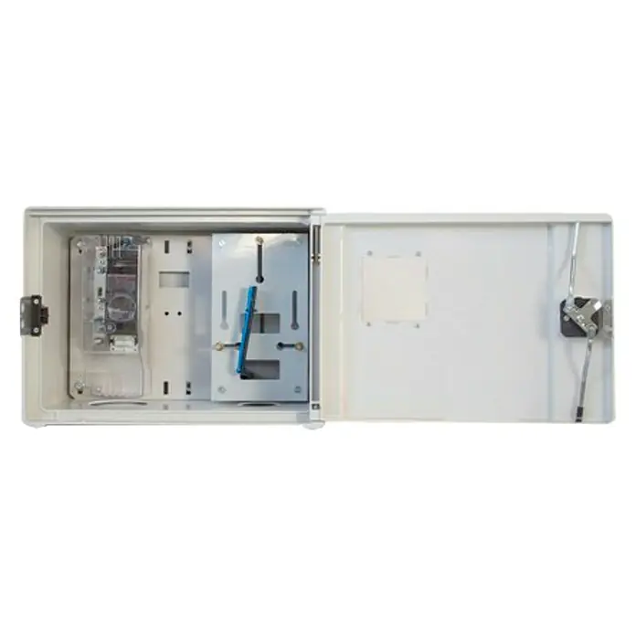 Cuadro eléctrico de superficie monofásico - Número de hileras: 1 ud., 42,8 x 19 cm, Gris claro - Caja blanca de fibra óptica con puertas abiertas, mostrando los componentes internos de hardware y el cableado.