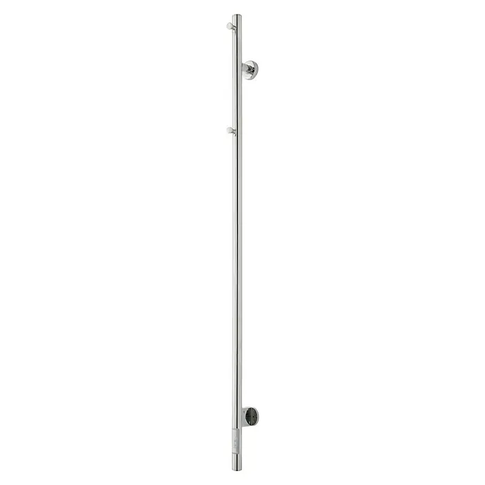 TVS Design Elektro-Badheizkörper Eldo 1 - B x H: 600 x 1.400 mm, Mit Thermostat und Timer, Edelstahl - Der abgebildete, glänzende, silberfarbene Handlauf ist eine elegante und funktionale Ergänzung für jedes moderne Badezimmer.