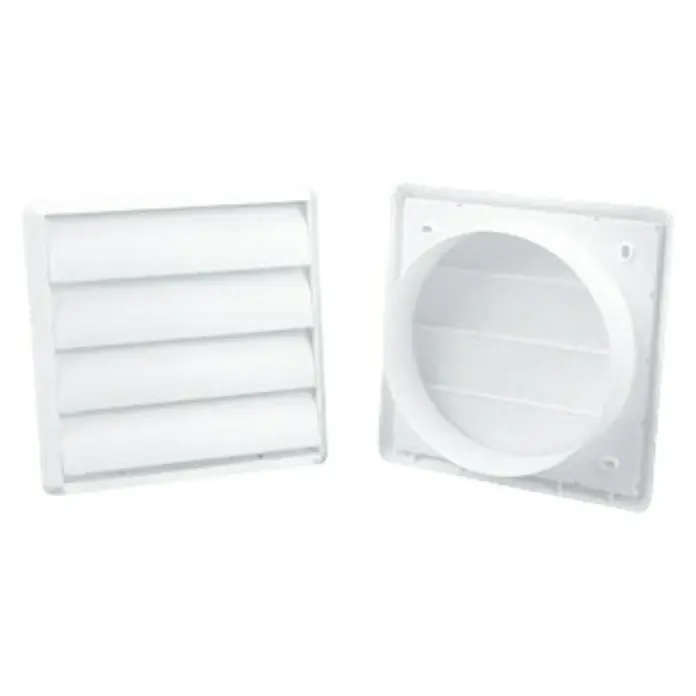 Rejilla de ventilación redonda Tubpla - 120 mm, Blanco - Conjunto de ventilación de pared blanco que consta de una rejilla con persianas y un conector cuadrado para facilitar su instalación.