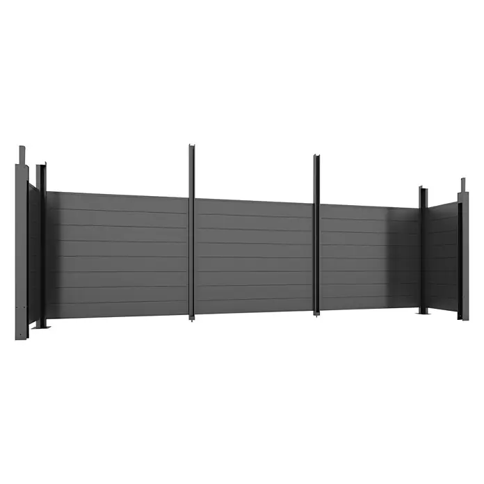 Allview Wandelement Calux Endwand - Passend für: Allview Doppelcarport Calux - Abgebildet ist ein grauer Sichtschutzzaun mit horizontalen Lamellen und vertikalen Pfosten, ideal für Privatsphäre und Windschutz im Garten.