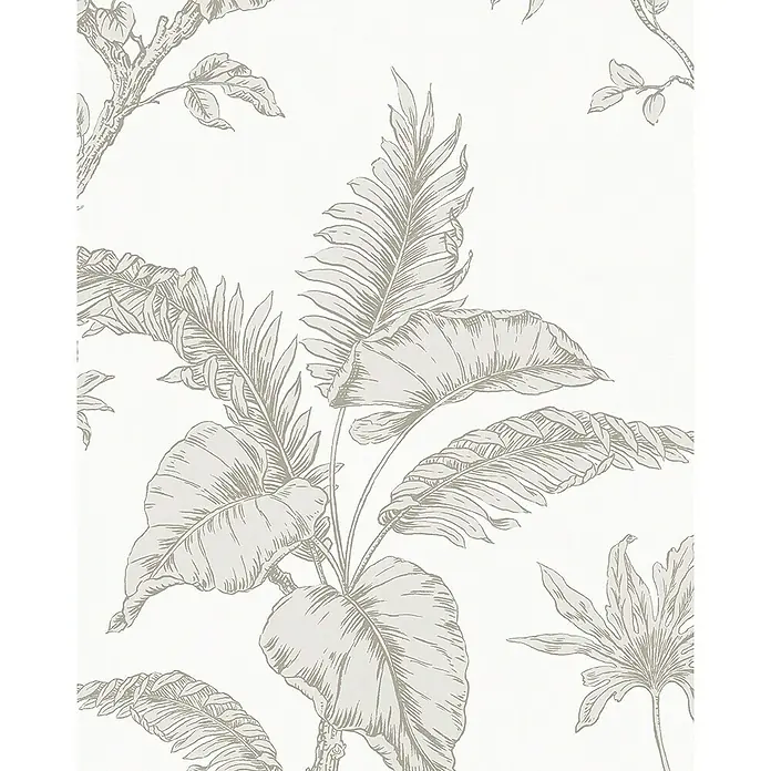 SCHÖNER WOHNEN-Kollektion Vliestapete - Beige/Weiß, Floral, 10,05 x 0,53 m - Elegantes botanisches Muster: Wandbild mit exotischen Blättern und Pflanzen in sanften Grautönen, ideal für eine ruhige Raumatmosphäre.