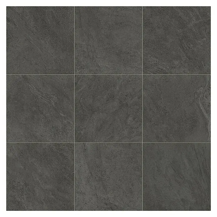 Atlas Concorde Solution Terrassenfliese Island Black - 60 x 60 x 2 cm, Schwarz, Matt - Das Bild zeigt neun dunkle, quadratische Fliesen mit einer leicht rauen, steinähnlichen Textur, die durch feine Fugen getrennt sind.