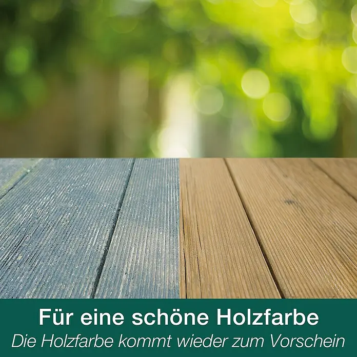 Bona Holz-Entgrauer - 1 l - Holzlasur für schöne Holzfarbe: Das Bild zeigt einen Vorher-Nachher-Effekt einer Holzbehandlung für eine schöne Holzfarbe.