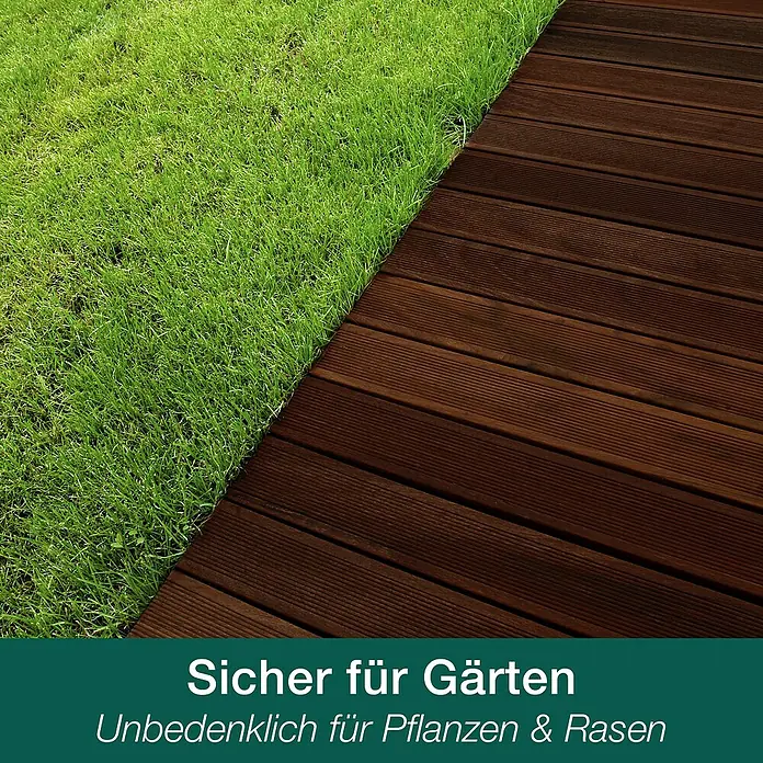 Bona Holz-Entgrauer - 1 l - Sicher für Gärten. Unbedenklich für Pflanzen und Rasen. Die Holzterrasse grenzt direkt an den grünen Rasen.