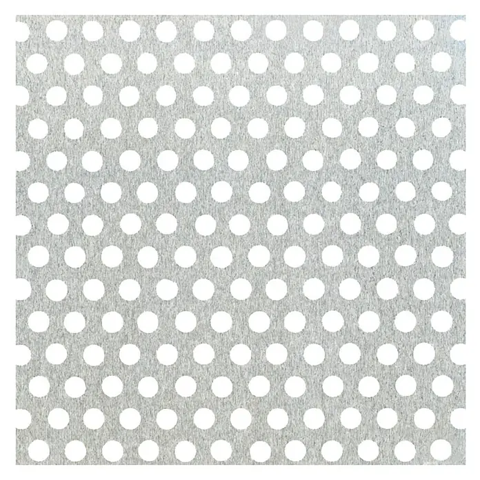 Alberts Chapa perforada de círculos - 500 x 250 mm, Espesor: 0,8 mm, Aluminio - Muestra de tela con un patrón de lunares regular en blanco sobre un fondo gris, ideal para diversos proyectos de diseño.