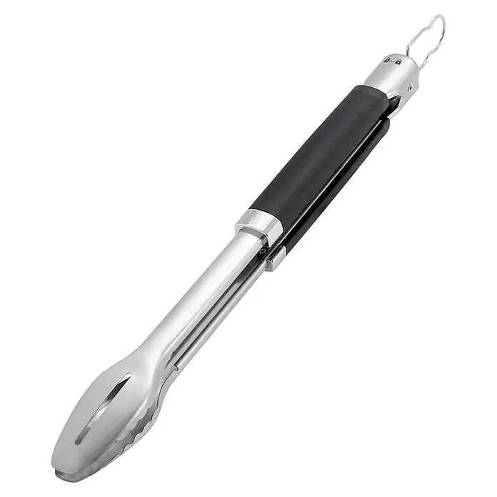 Weber Grillzange Precision - Länge: 45,72 cm - Abgebildete Grillzange aus Edelstahl mit schwarzem Griff. Ideal zum Wenden von Grillgut und sicheren Halt beim Grillen.