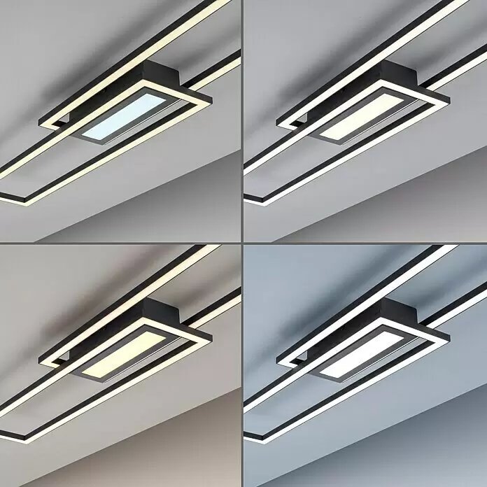 Just Light LED-Deckenleuchte Asmin - 48 W, 95 x 17,5 cm, Schwarz, Warmweiß - Moderne schwarze lineare LED-Deckenleuchte mit integrierten Lichtbändern, die verschiedene Lichttemperaturen zeigt.
