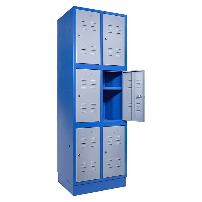 Güde Schließfachschrank - L x B x T: 50 x 60 x 50 cm, Anzahl Fächer: 6 Stk. - Schrank mit blauen und grauen Metallfächern, wobei ein Fach offen ist, mit zwei Fächern.