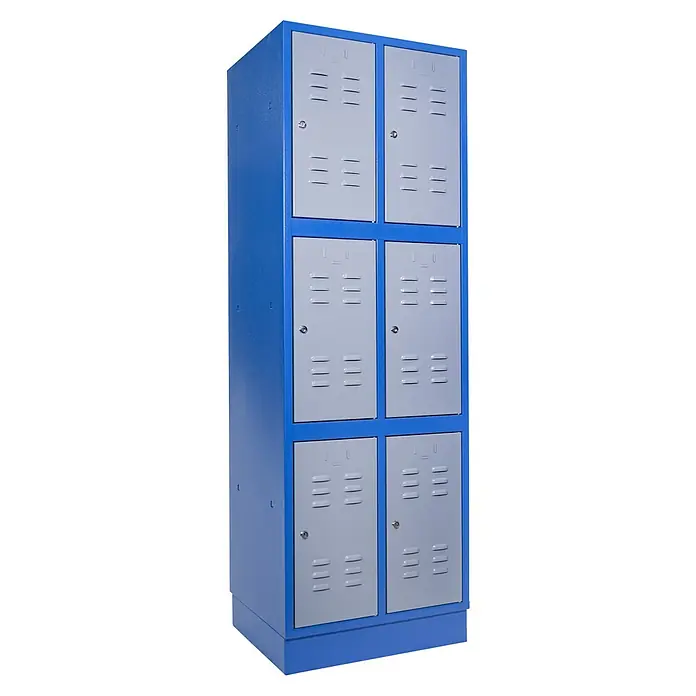 Güde Schließfachschrank - L x B x T: 50 x 60 x 50 cm, Anzahl Fächer: 6 Stk. - Blaues Metall-Spindsystem mit sechs Fächern und grauen Türen für sichere Aufbewahrungslösungen.