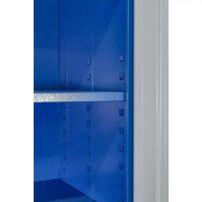 Güde Werkzeugschrank CB - Anzahl Böden: 4 Stk., L x B x H: 58 x 110 x 193 cm - Detailaufnahme eines blauen Metallregals mit verstellbaren Fachböden und einer robusten, pulverbeschichteten Oberfläche.