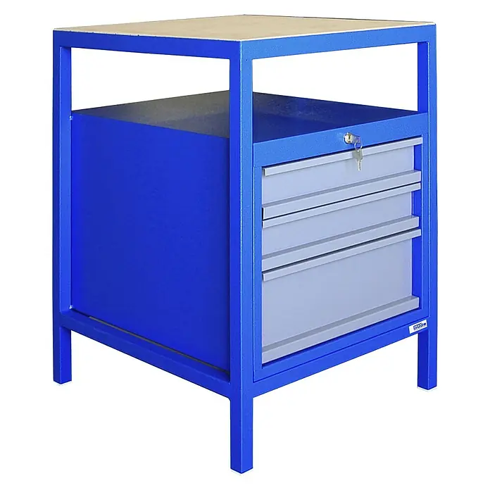 Güde Werkbank P 600 S - L x B x H: 60 x 57 x 85 cm, Anzahl Schubladen: 3 Stk. - Dieser blaue Werkzeugtisch verfügt über drei Schubladen und bietet ausreichend Stauraum für Werkzeuge.