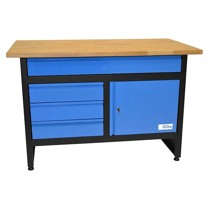 Güde Werkbank GW 3/1 - L x B x H: 60 x 120 x 85 cm, Anzahl Schubladen: 4 Stk. - Werkbank mit blauer Schubladen- und Schrankkombination und einer Arbeitsplatte aus Holz für den Werkstattbereich.