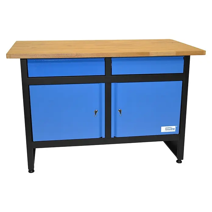 Güde Werkbank GW 2/2 - L x B x H: 60 x 120 x 85 cm, Anzahl Schubladen: 2 Stk. - Abbildung einer Werkbank mit blauen Schränken und einer hellbraunen Holzplatte. Die Werkbank hat einen schwarzen Rahmen.