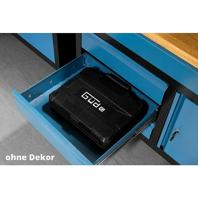 Güde Werkbank GW 5/1 - L x B x H: 60 x 120 x 85 cm, Anzahl Schubladen: 5 Stk. - Ein blauer Werkzeugschrank mit einer Schublade, in der sich ein schwarzer Güde-Werkzeugkoffer befindet. Praktisch für die Werkstatt.